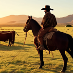 **

`Vast, grassy pampa landscape, gaucho on horseback herding cattle, traditional estancia in the background, vibrant sunset, golden light, cinematic, detailed, 8k`

**