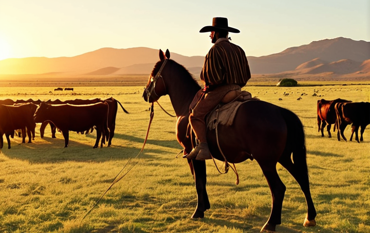 **
`Vast, grassy pampa landscape, gaucho on horseback herding cattle, traditional estancia in the background, vibrant sunset, golden light, cinematic, detailed, 8k`
**